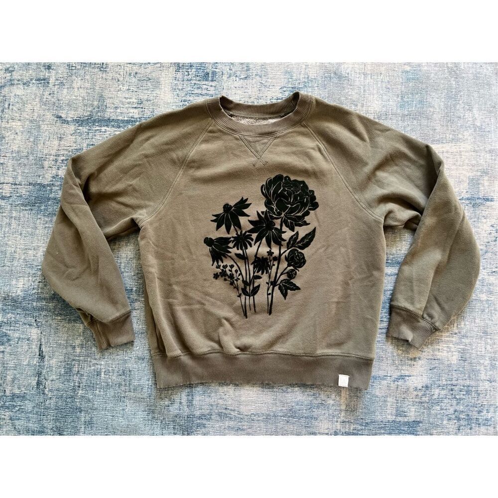 American Eagle Olive Green Velvet Floral Crewneck Sweatshirt Women's XS